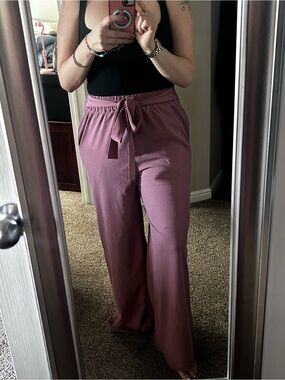 M High-Rise Wide Leg Tie-Waist Pants — Dusty Mauve